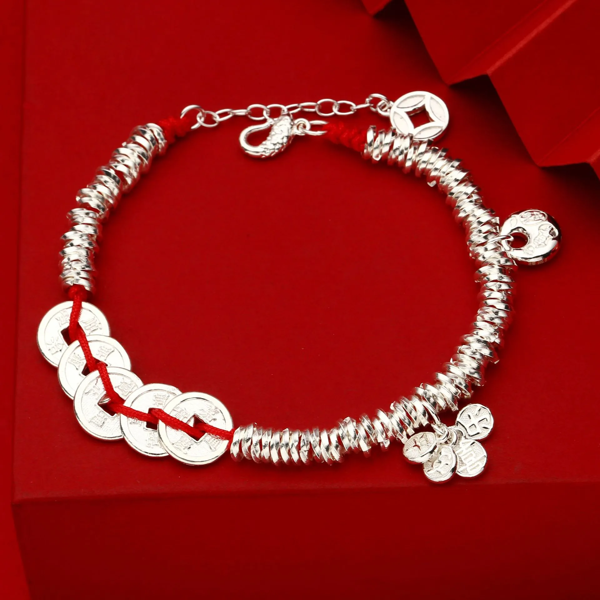 6943号 足银999.9五帝钱胖福平安喜乐盘缠手链新中式气质时尚百搭