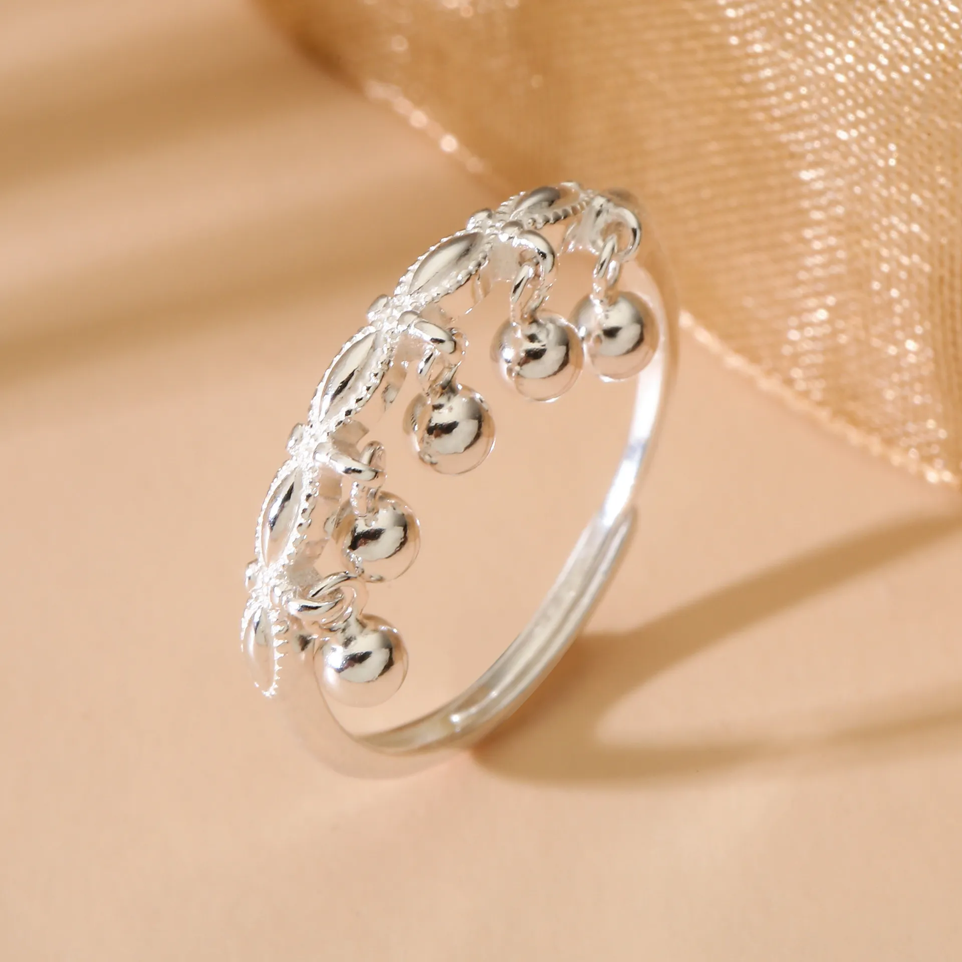 6448足银990流苏转运珠戒指女高级感小众设计开口可调节指环爆款