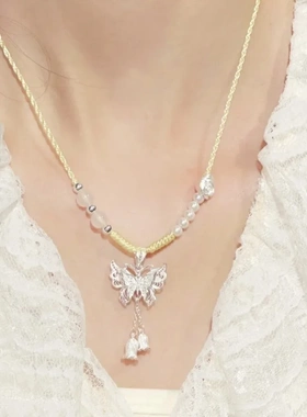 足银蝴蝶铃兰花编制项链女纯银2024新款锁骨链吊坠送女友直播爆款