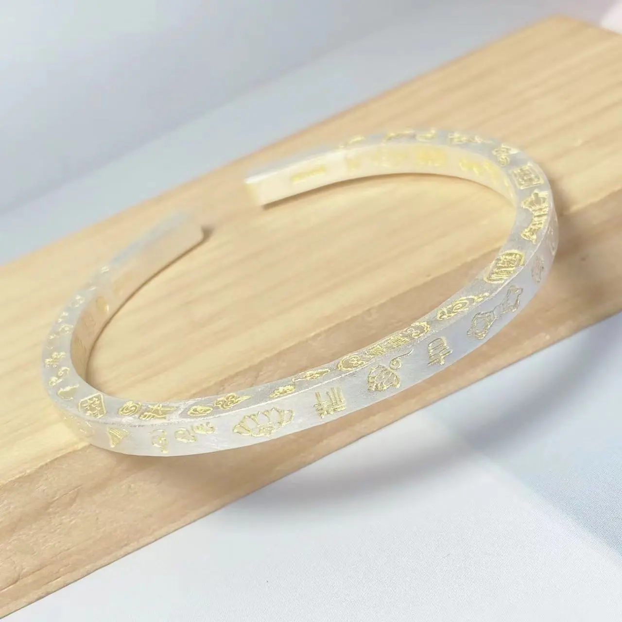 0064足银9999开口四方手工雕刻吉言吉祥福描金手镯实心开口银镯子
