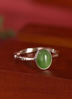 6445足银990镶玉髓蛋面戒指和田玉竹节开口指环女款古风简约手饰