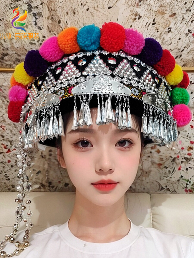 昆明发货精品绣花云南拉祜族帽子少数民族哈尼族帽子拉祜头饰女帽