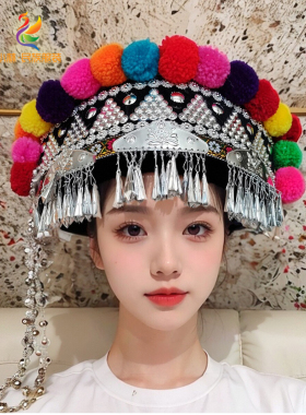 昆明发货精品绣花云南拉祜族帽子少数民族哈尼族帽子拉祜头饰女帽