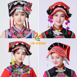 精选凉山楚雄彝族瓦盖头饰彝族绣花帽子红黑色火把节民族舞蹈TS10