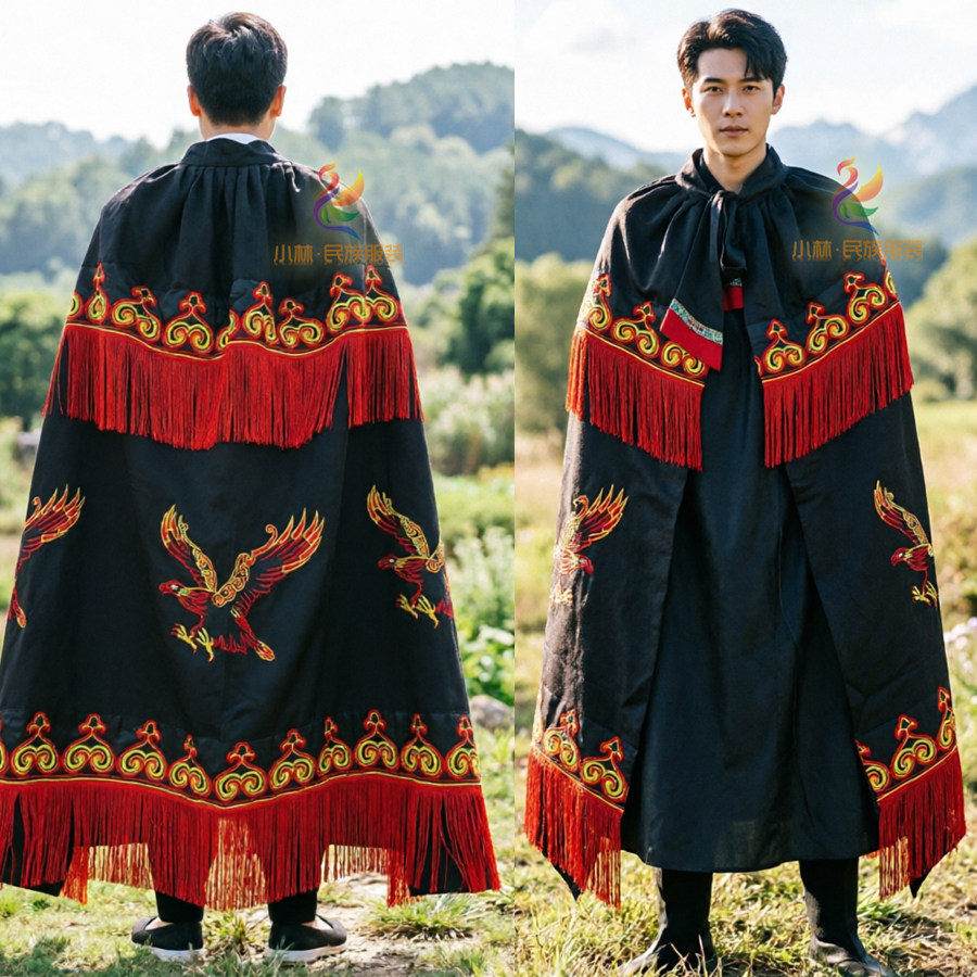 彝族查尔瓦四川凉山彝族男款斗篷火把节披毡披衫金丝绒大老鹰披风