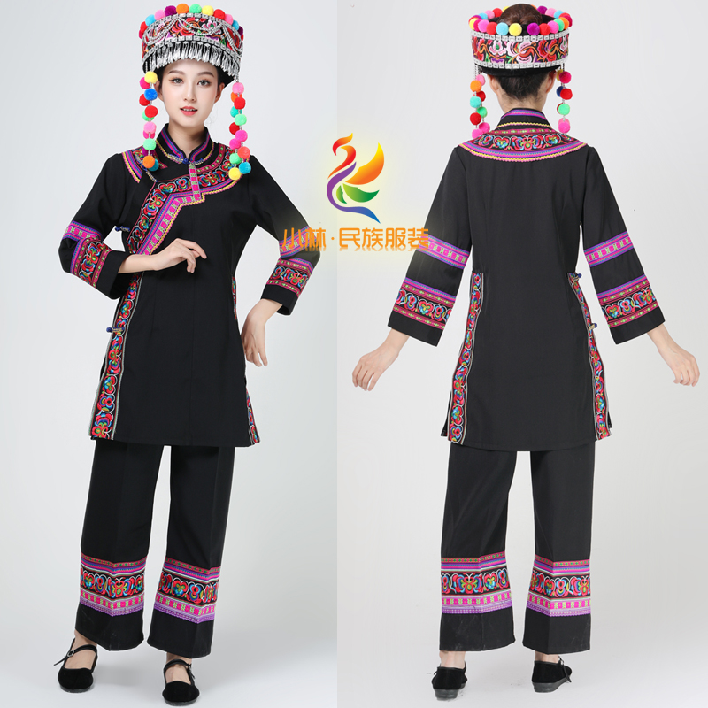 新款云南哈尼族绣花女装中长衫裤子套装黑色彝族饰中长款民族服饰