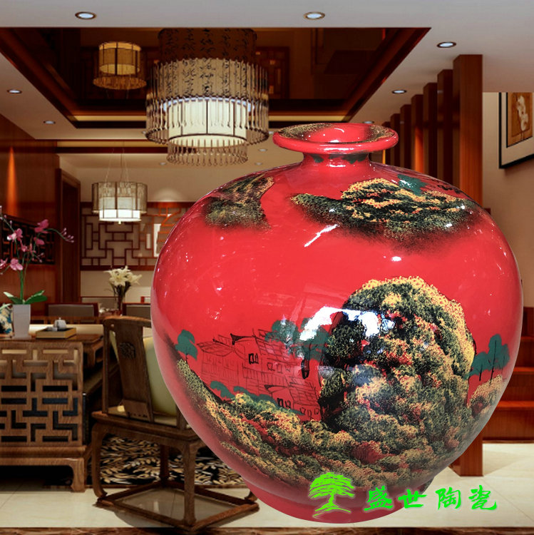 景德镇红色山水图中式风落地花瓶