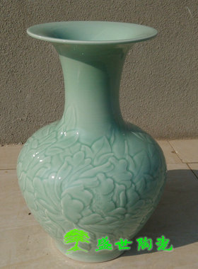 景德镇陶瓷器落地花瓶绿色影青瓷雕刻牡丹赏瓶客厅家居 45-75cm