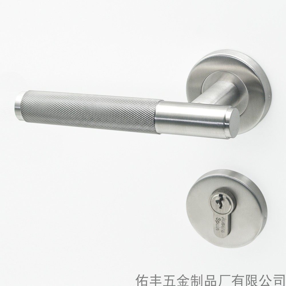 新款 304拉丝不锈钢空心滚花防滑门锁把手 卧室房间分体锁执手图片
