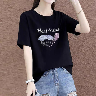 纯棉女t恤短袖韩版宽松女士体恤2026夏天新款正肩显瘦开叉上衣