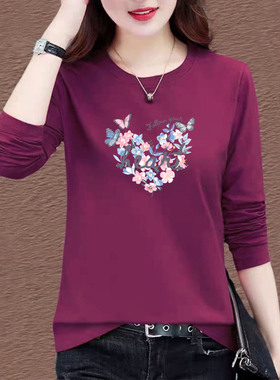 纯棉打底衫女款春秋圆领长袖t恤弹力柔软亲肤中年妈妈装上衣服