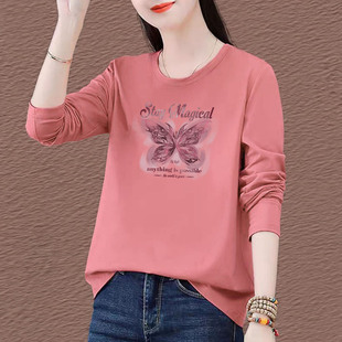 纯棉长袖t恤女2026春秋新款打底衫印花大码宽松显瘦妈妈装上衣