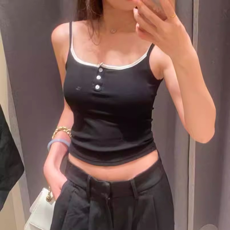 黑色撞色边三粒扣美背吊带女