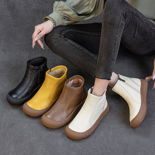 外贸尾货特价 清仓处理头层牛皮高帮女皮靴平跟软底舒适短筒靴加绒