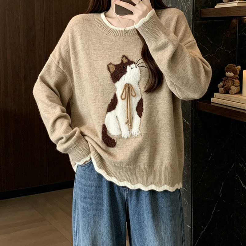 大码猫咪提花毛衣女秋冬软糯图片