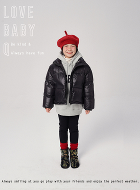 1111大促LBQ原创童装 冬季重磅黑色定制小格高充绒短款带帽羽绒服
