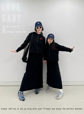 1111大促LBQ原创亲子黑色百搭中性风卫衣卫裙套装男女童妈妈亲子