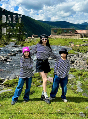 1111大促LBQ原创亲子 纯棉藏蓝条百搭经典好穿条纹T恤亲子T恤