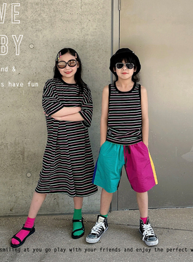 1111大促LBQ原创童装  姐弟兄妹彩条条纹大T恤裙+背心组合