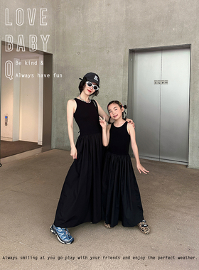 1111大促LBQ原创亲子 黑色时髦显瘦亲子背心百褶连衣裙