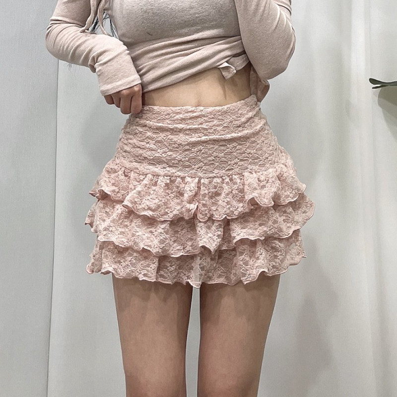 thumbnail for October home Korean genuine shopping new autumn sweet girl high-waisted slim lace thin fleece cake skirt