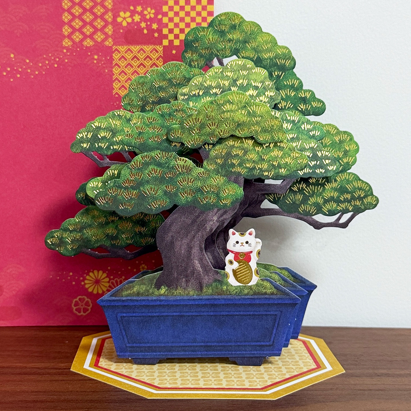日本人气松树造型招财猫盆景贺卡立体摆件祝福卡片万用心意礼物