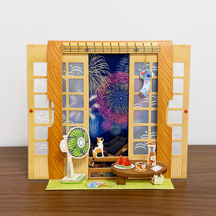 日本夏季限定新款日式和风3D立体贺卡烟花场景木质纹理桌面装饰卡