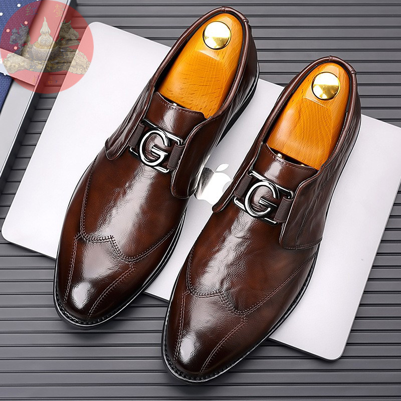 新款正装皮鞋士牛皮商务英伦风套脚休闲真皮鞋通勤温州鞋手工厂家