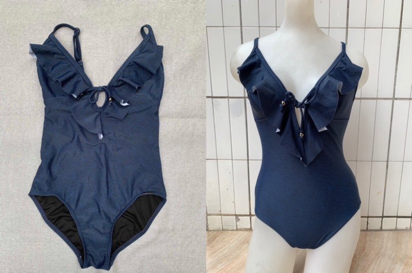 外单甜美荷叶边V领连体欧美性感露背ins时尚流行女泳装