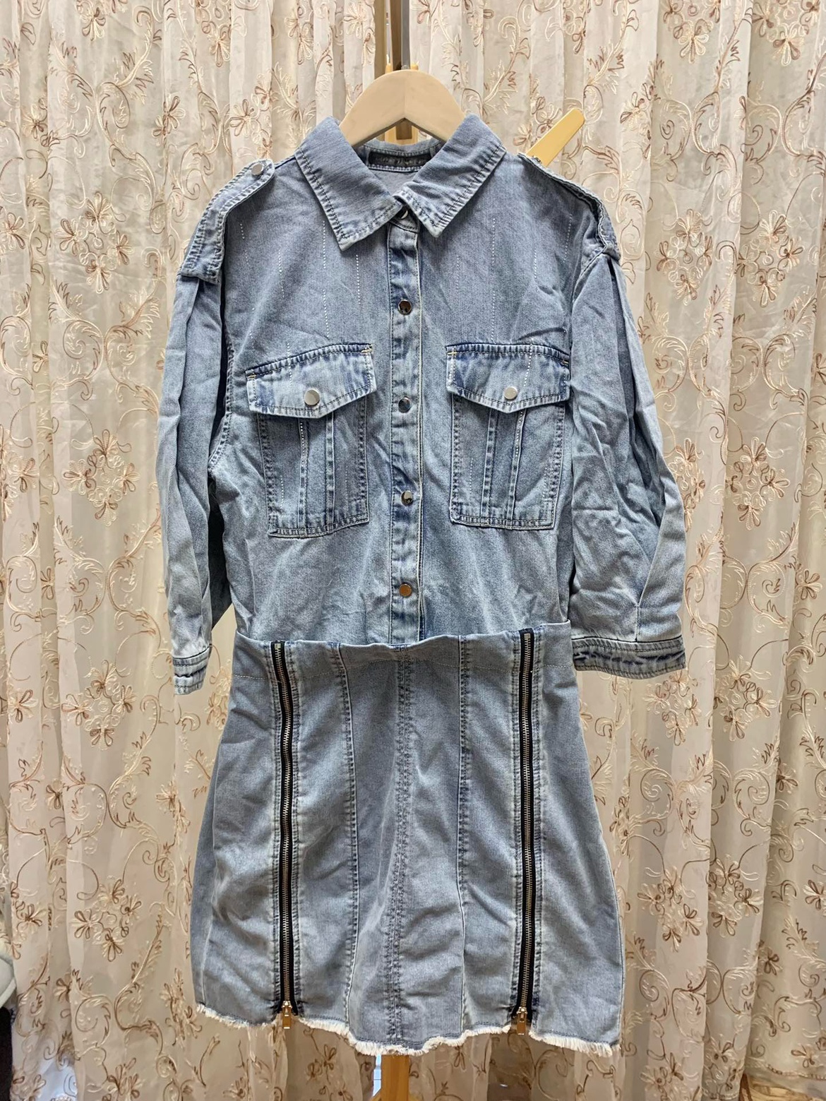 中袖烫石假两件套牛仔连衣裙M