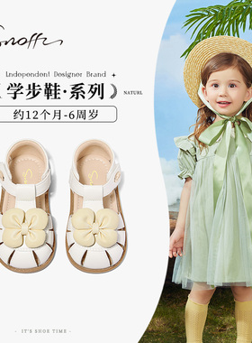 斯纳菲女童凉鞋夏季新款蝴蝶结白色蓝色小公主包头软底宝宝学步鞋