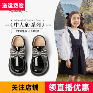 斯纳菲春秋季新款女童皮鞋深口漆皮公主鞋儿童单鞋黑色蝴蝶结加绒