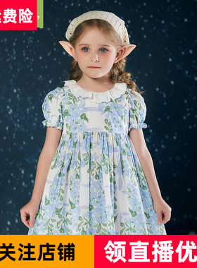 斯纳菲2025夏季新款女童连衣裙2蓝色碎花中小童6岁宝宝泡泡公主裙