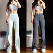 休闲高腰显瘦29寸长裤 大长腿女孩～罗纹高弹裤 脚拉链开叉喇叭裤