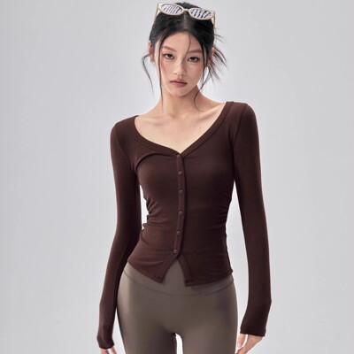 绝美瑜伽长袖v领收腰纽扣开衫