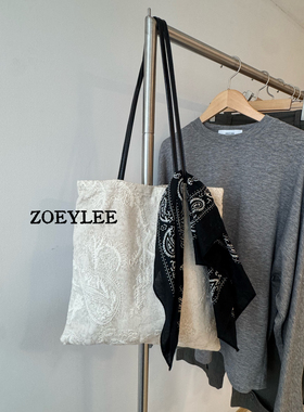 ZOEYLEE 春夏法式复古蕾丝刺绣布袋配牛皮手提袋购物袋单肩包女包