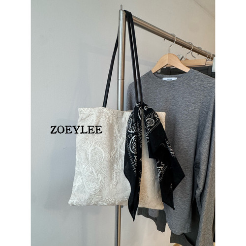 ZOEYLEE 春夏法式复古蕾丝刺绣布袋配牛皮手提袋购物袋单肩包女包