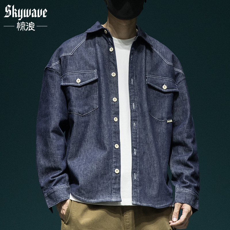 日系复古牛仔衬衫男原色水洗宽松