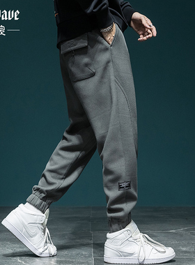 灰色百搭卫裤男潮宽松加肥加大码新款束脚运动裤华夫格休闲裤男装