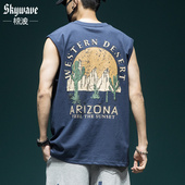 t恤运动健身汗衫 无袖 坎肩 潮流印花背心男宽松大码 高品质纯棉美式