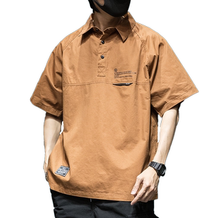 阿美咔叽polo衫男短袖宽松大码美式复古工装衬衫半袖保罗衬衣t恤