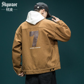 痞帅休闲男装 美式 翻领牛仔外套潮 秋季 新款 复古工装 夹克男宽松大码