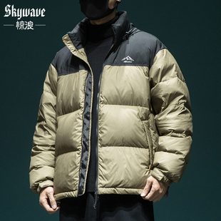 潮牌拼色保暖面包服休闲立领宽松外套 新款 美式 白鸭绒羽绒服男冬季