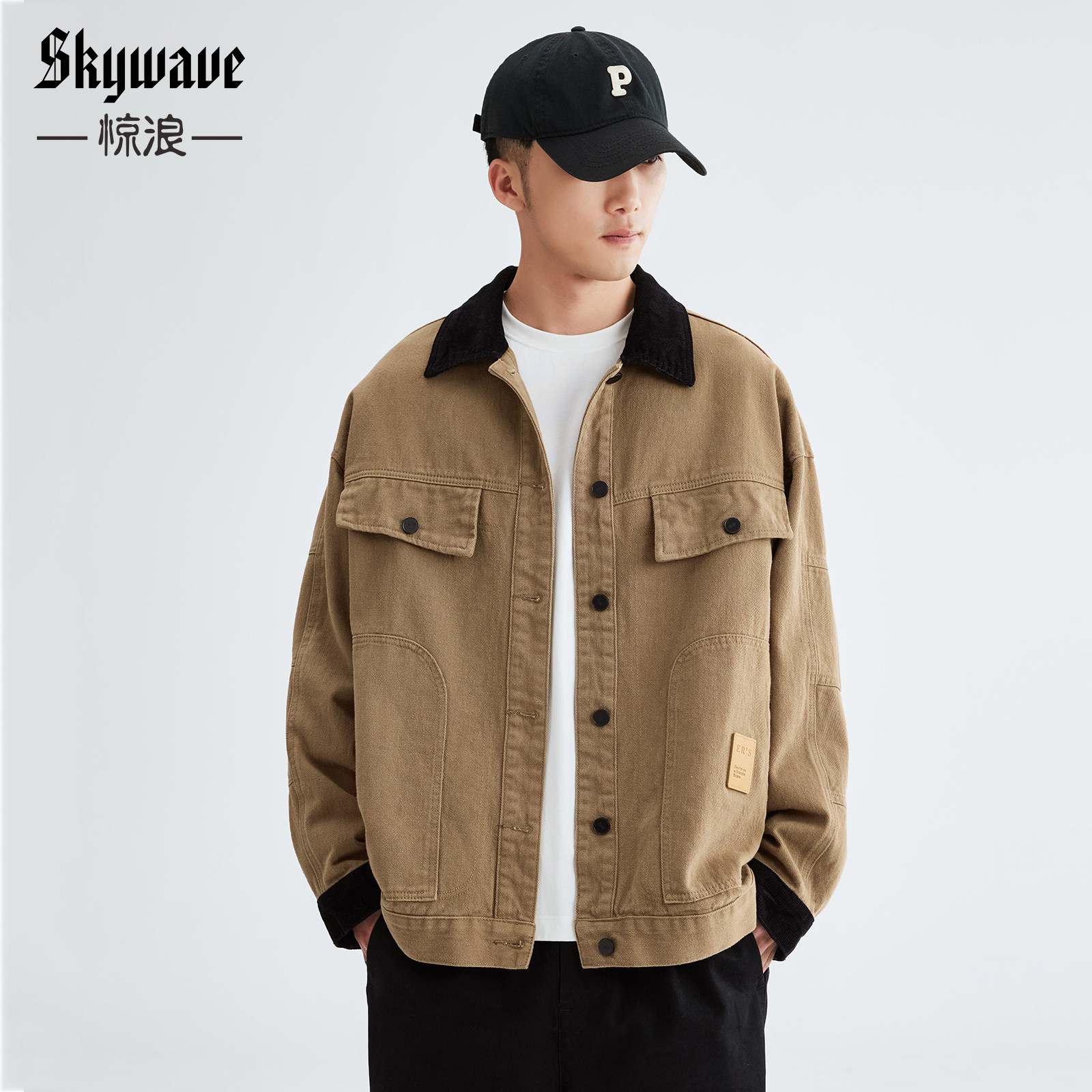 美式复古撞色翻领牛仔外套男士潮牌新款工装夹克痞帅宽松大码上衣