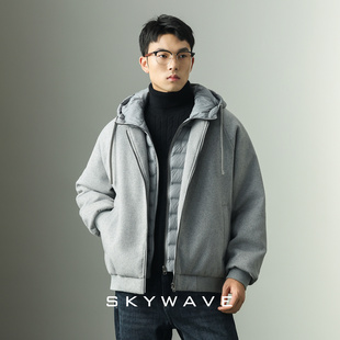 轻奢高级感毛呢假两件新国标90鸭绒连帽羽绒服男冬季保暖休闲外套