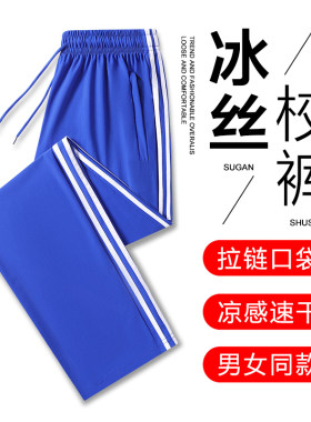 两条杠冰丝校服裤宝蓝色速干直筒