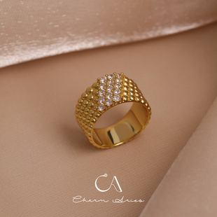 复古时髦意大利工艺纯银镀18k金闪钻戒指中古珠宝风个性 欧美简约