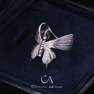 新款意大利拉丝工艺蝴蝶戒指S925纯银小众设计名媛风轻奢质感闭口