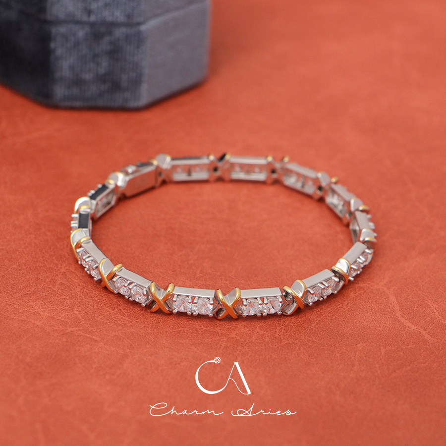 s925纯银双色交叉排钻手链