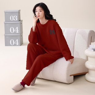 半边绒大红喜庆睡衣女秋冬季加绒加厚珊瑚绒可外穿保暖冬款家居服